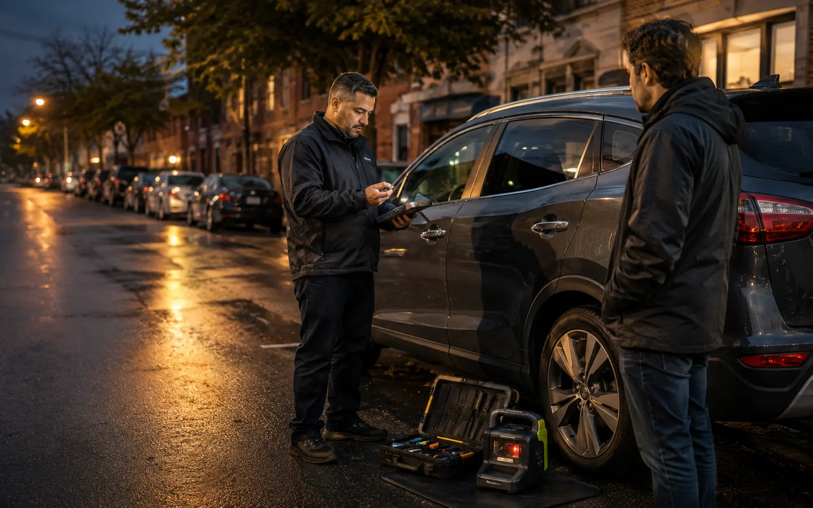 Mobile automotive locksmith reviewing a key fob beside a parked SUV in New York