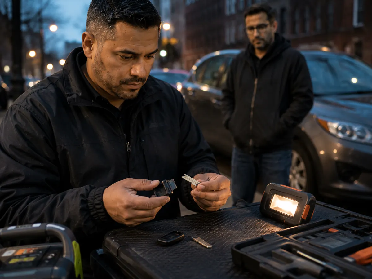 Automotive locksmith comparing a broken car key blade with its separated shell