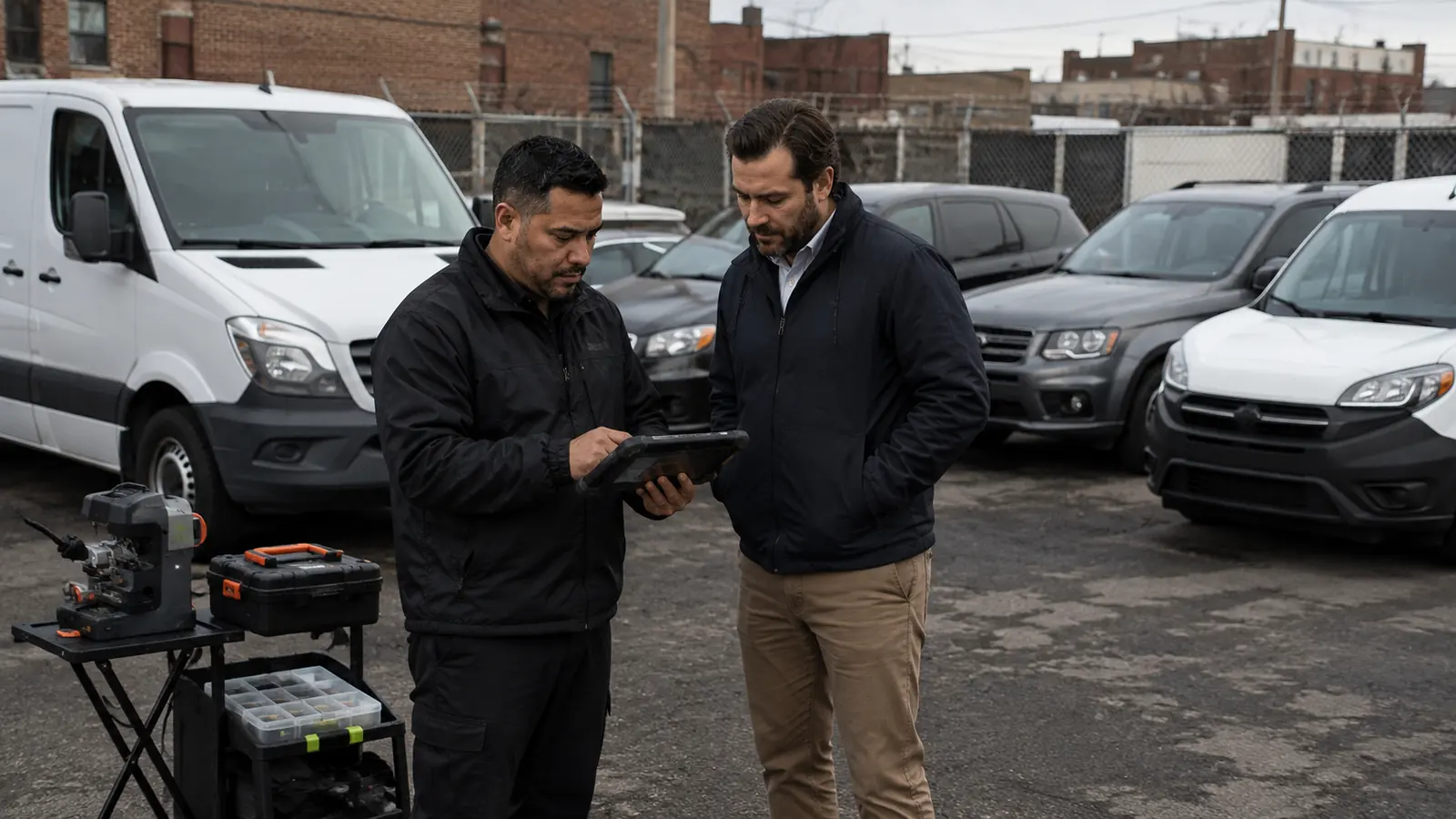 Automotive locksmith reviewing a vehicle list with a fleet manager in a commercial lot