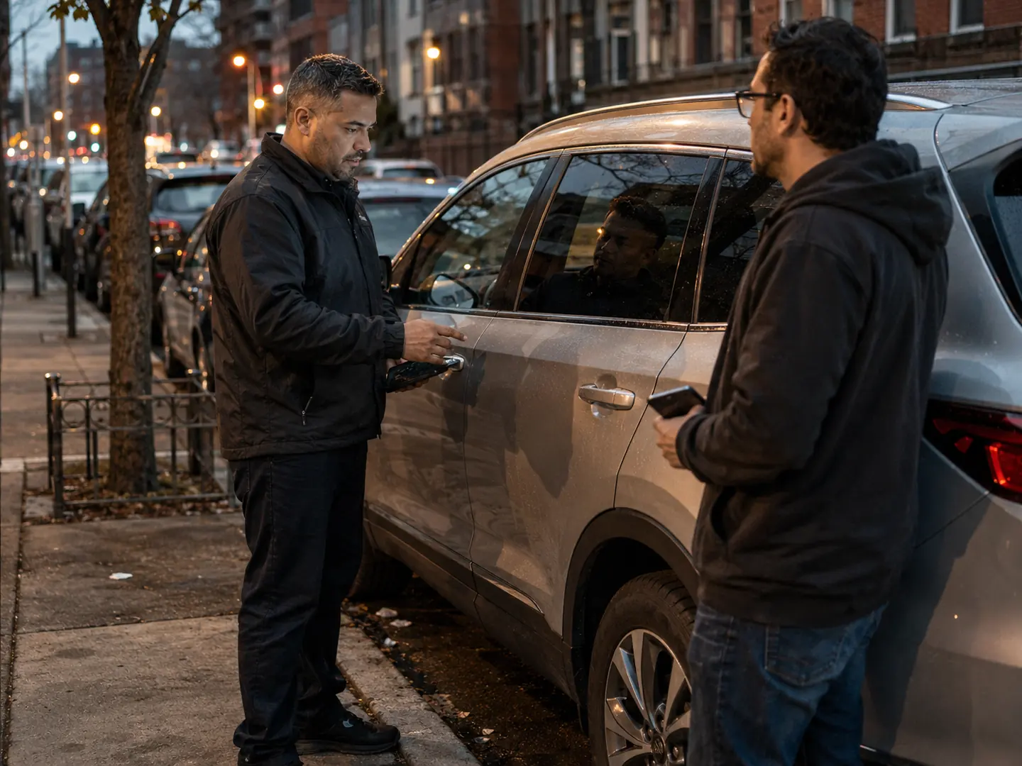 Automotive locksmith checking a vehicle door with the owner nearby