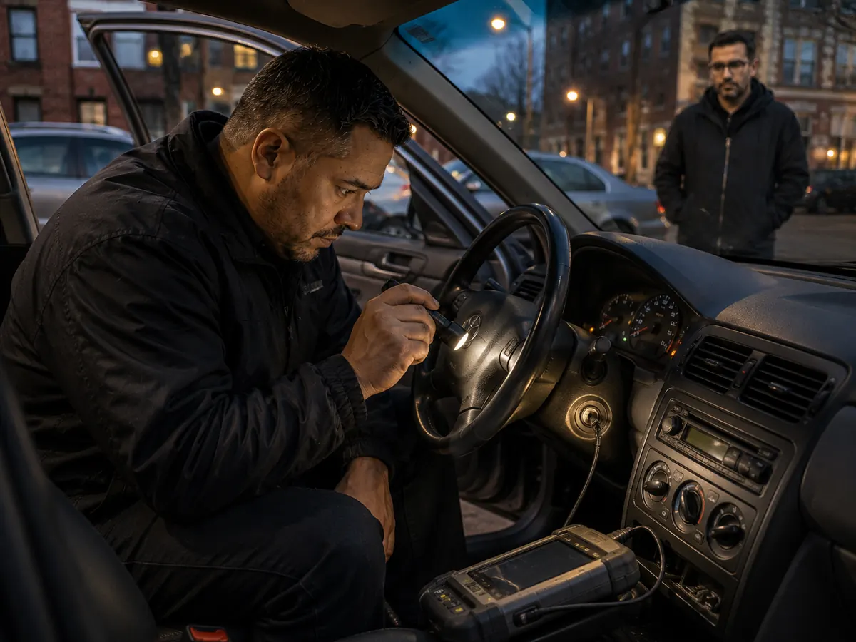 Automotive locksmith using an inspection light during an assembled ignition and key-system diagnosis