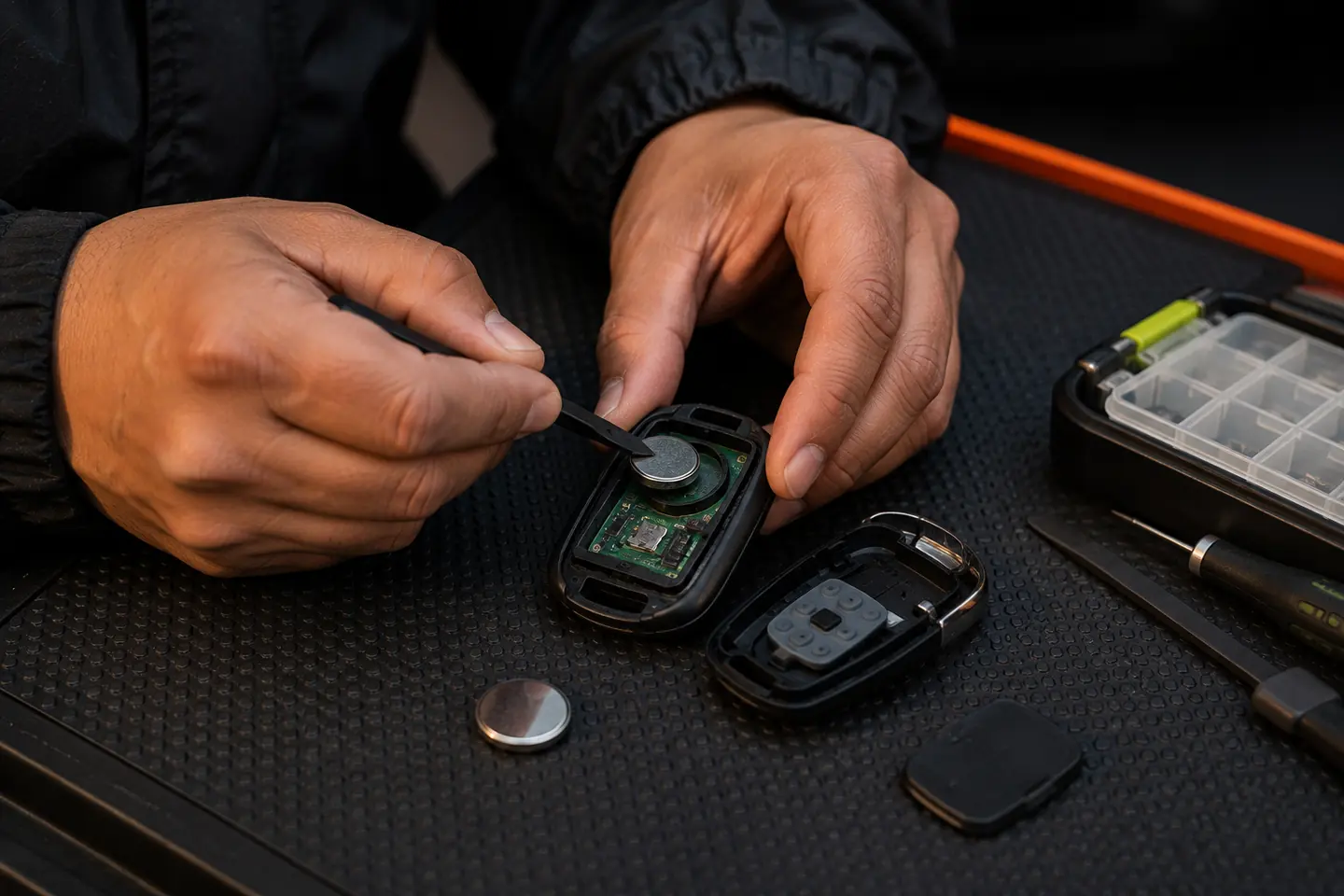 Automotive locksmith replacing the battery inside an open key fob
