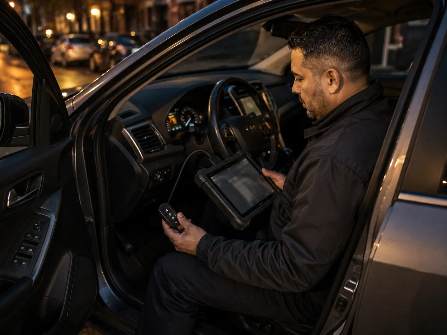 Automotive locksmith holding a key fob and diagnostic tablet inside a vehicle
